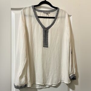 NY Collection Women's White Blouse with Black Stripes and Zipper